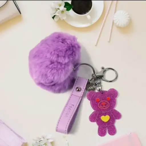 Puff Toon Key Fluffy Pom & Cute Bear Keychain 